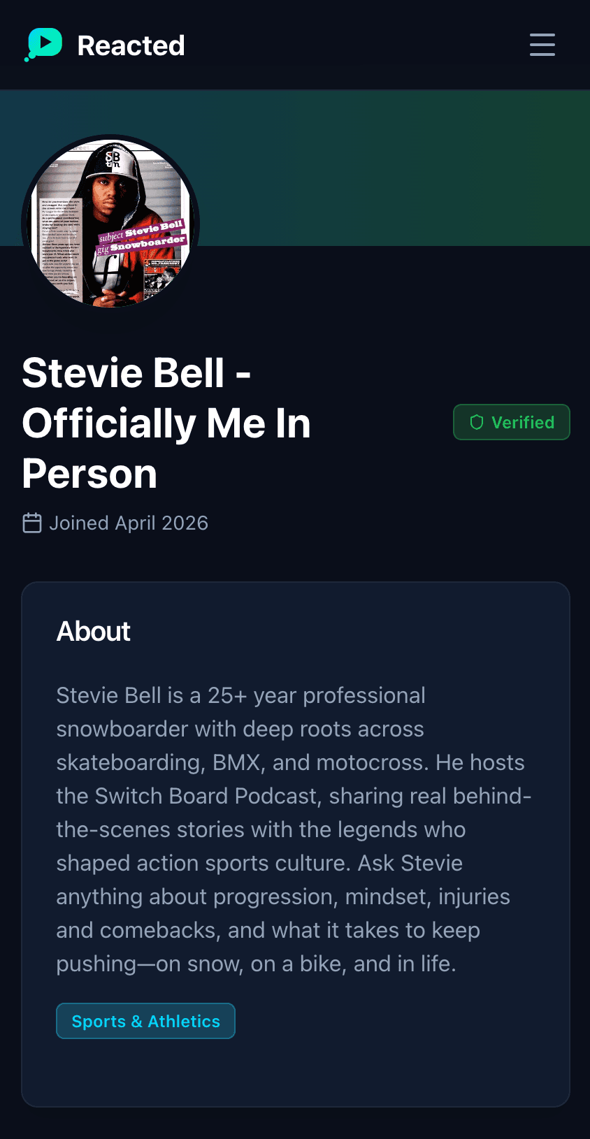Profile & bio — mobile preview of a public Reacted creator profile