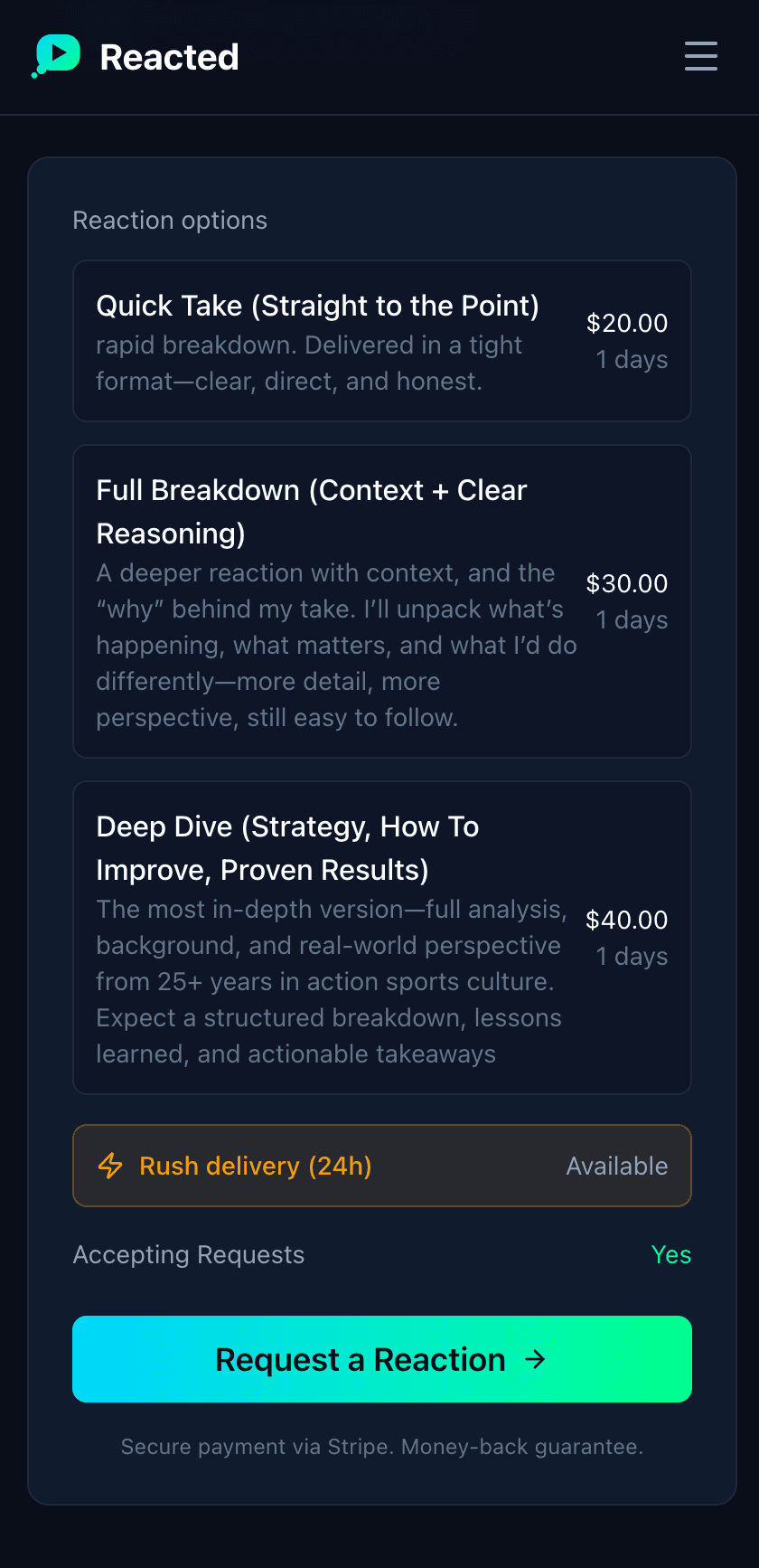 Pricing options — mobile preview of a public Reacted creator profile