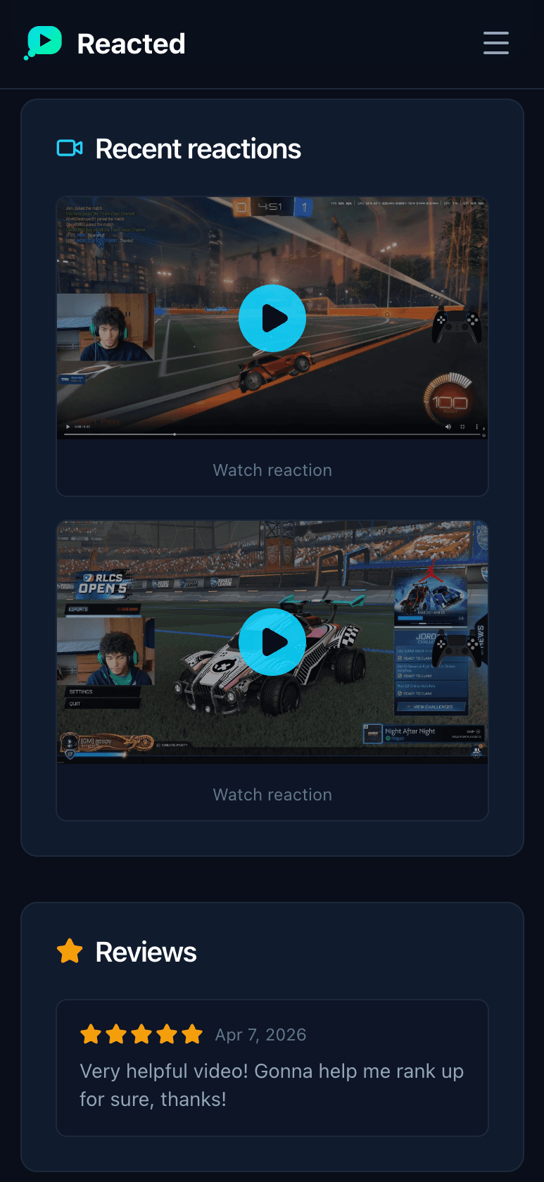 Recent reactions & reviews — mobile preview of a public Reacted creator profile